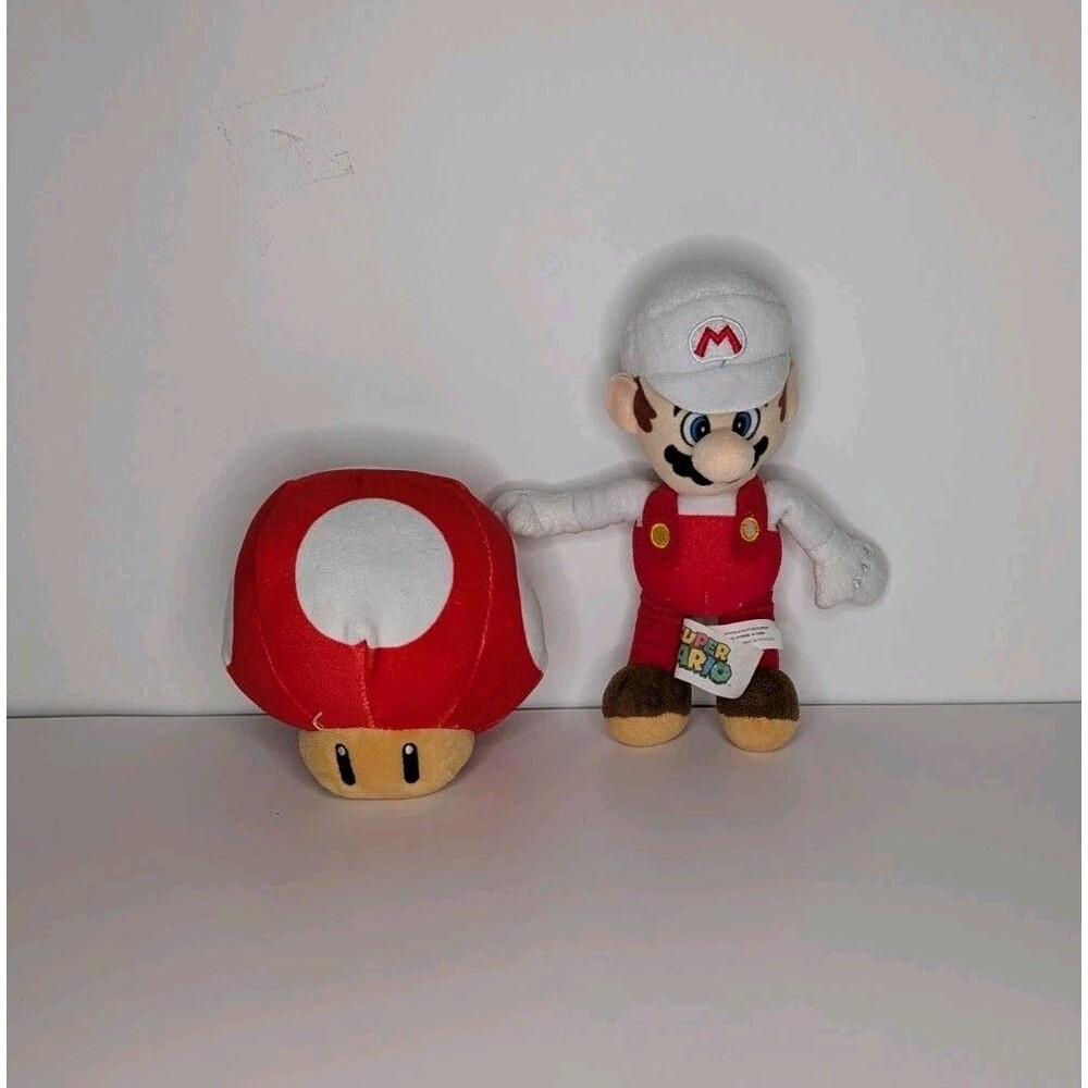 Set 2 Super Nintendo Mario White Hat Red Fire Red Mushroom Plush
